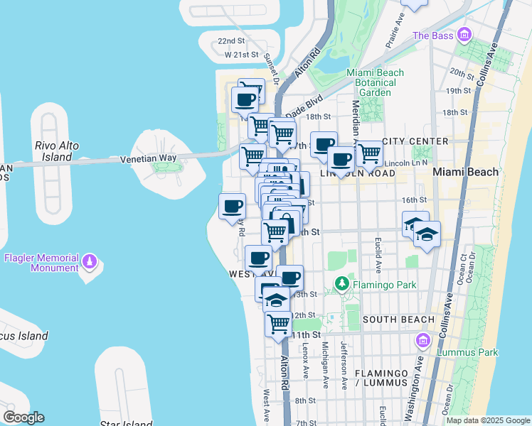 map of restaurants, bars, coffee shops, grocery stores, and more near 1535 West Avenue in Miami Beach