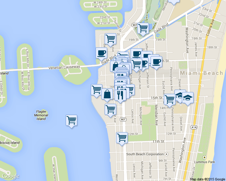 map of restaurants, bars, coffee shops, grocery stores, and more near 1535 West Avenue in Miami Beach