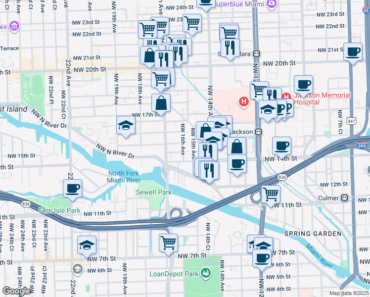 map of restaurants, bars, coffee shops, grocery stores, and more near 1421 Northwest 16th Avenue in Miami