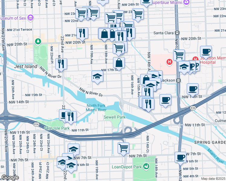 map of restaurants, bars, coffee shops, grocery stores, and more near 1769 Northwest North River Drive in Miami