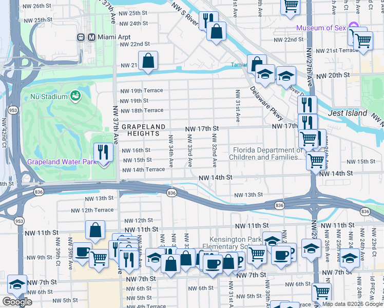 map of restaurants, bars, coffee shops, grocery stores, and more near 3301 Northwest 15th Street in Miami