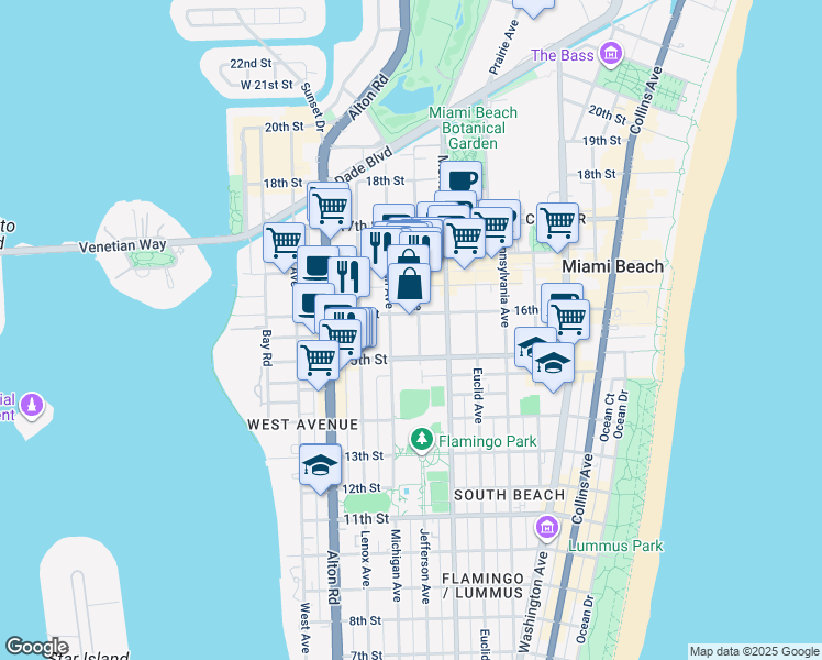 map of restaurants, bars, coffee shops, grocery stores, and more near 1529 Jefferson Avenue in Miami Beach