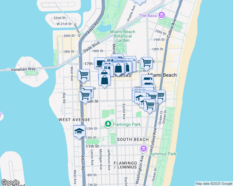 map of restaurants, bars, coffee shops, grocery stores, and more near 1525 Meridian Avenue in Miami Beach