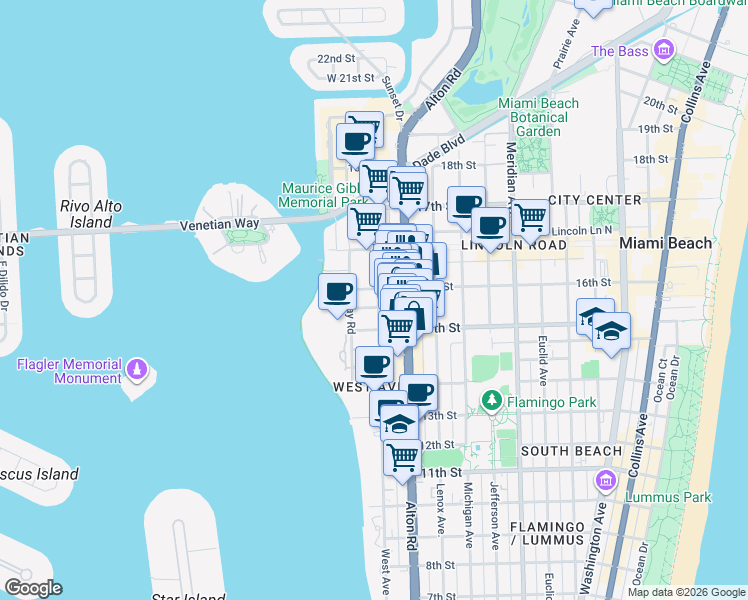 map of restaurants, bars, coffee shops, grocery stores, and more near 1535 West Avenue in Miami Beach