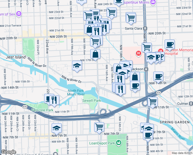 map of restaurants, bars, coffee shops, grocery stores, and more near in Miami