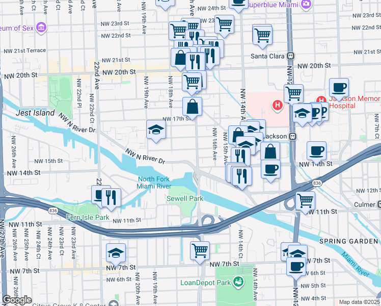 map of restaurants, bars, coffee shops, grocery stores, and more near in Miami