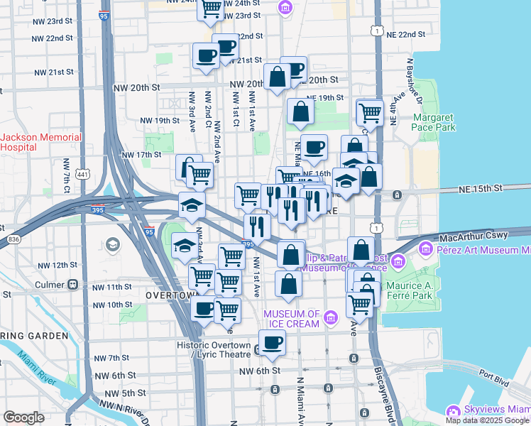 map of restaurants, bars, coffee shops, grocery stores, and more near 79 Northwest 14th Street in Miami