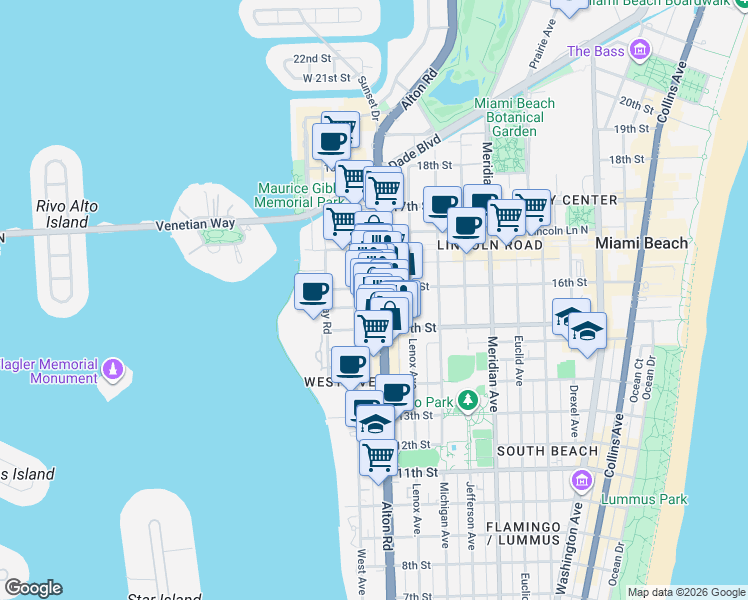 map of restaurants, bars, coffee shops, grocery stores, and more near 1535 West Avenue in Miami Beach