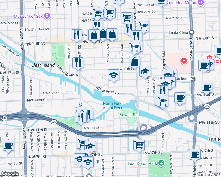 map of restaurants, bars, coffee shops, grocery stores, and more near 1884N Northwest North River Drive in Coral Gables
