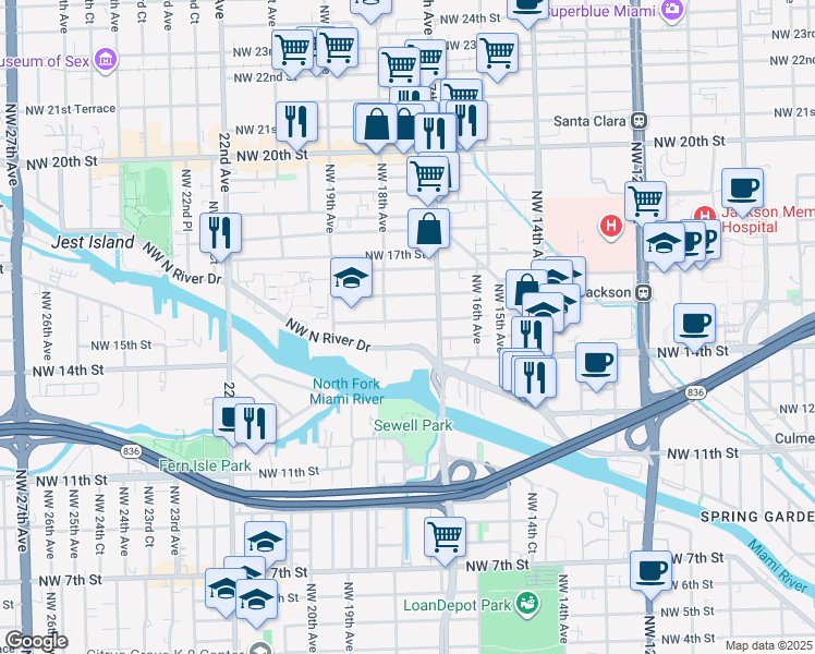 map of restaurants, bars, coffee shops, grocery stores, and more near 1762 Northwest 15th Street in Miami