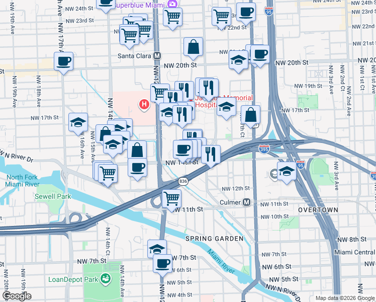 map of restaurants, bars, coffee shops, grocery stores, and more near 1499 Highland Rd in Miami