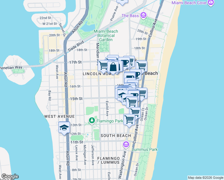 map of restaurants, bars, coffee shops, grocery stores, and more near 1526 Pennsylvania Avenue in Miami Beach