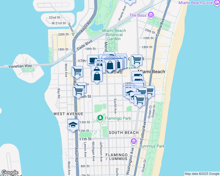 map of restaurants, bars, coffee shops, grocery stores, and more near 1525 Meridian Avenue in Miami Beach