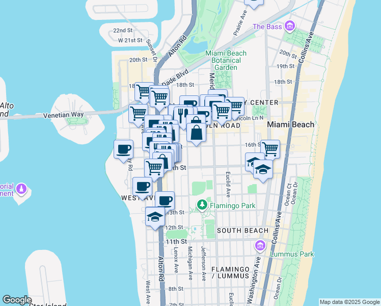 map of restaurants, bars, coffee shops, grocery stores, and more near 1526 Michigan Avenue in Miami Beach