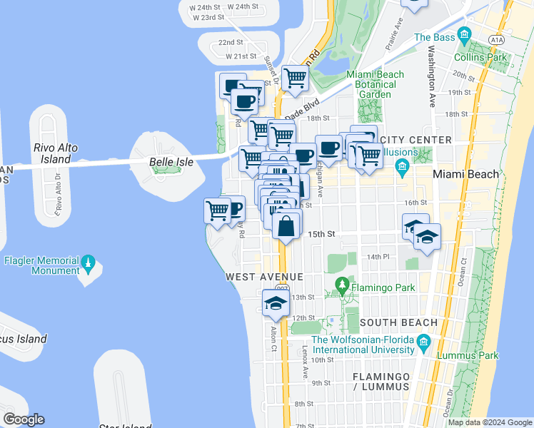map of restaurants, bars, coffee shops, grocery stores, and more near 1535 West Avenue in Miami Beach