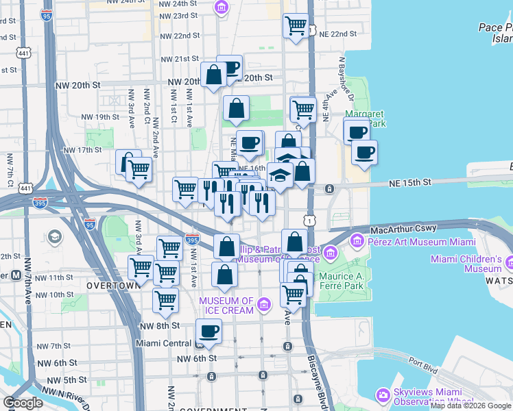 map of restaurants, bars, coffee shops, grocery stores, and more near 1371 Northeast Miami Court in Miami