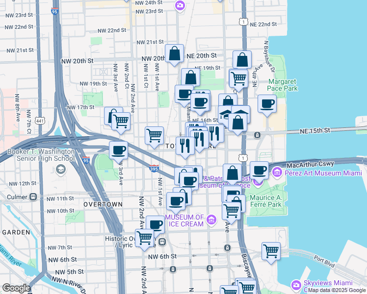 map of restaurants, bars, coffee shops, grocery stores, and more near 14 Northwest 14th Street in Miami