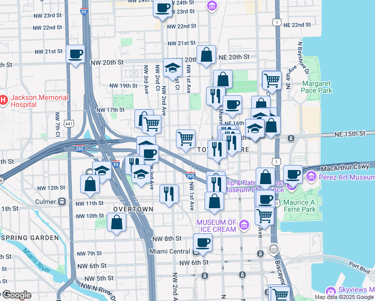 map of restaurants, bars, coffee shops, grocery stores, and more near 1360 Northwest 1st Court in Miami