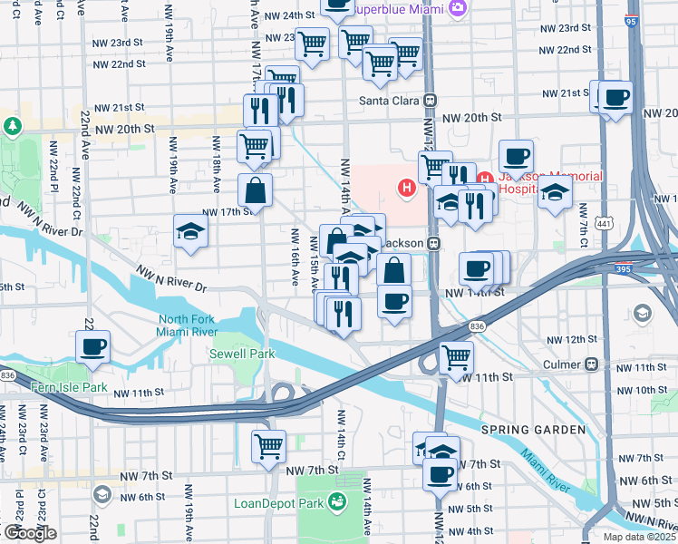 map of restaurants, bars, coffee shops, grocery stores, and more near 1436 Northwest 14th Avenue in Miami