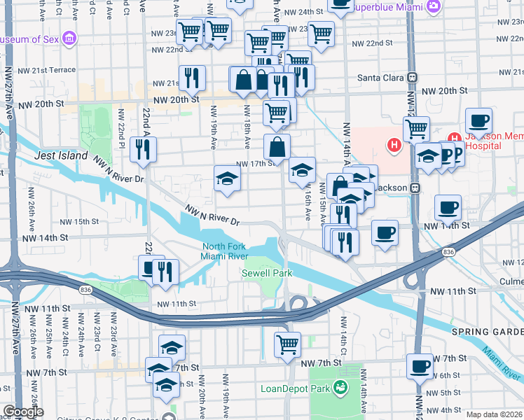 map of restaurants, bars, coffee shops, grocery stores, and more near 1769 Northwest North River Drive in Miami