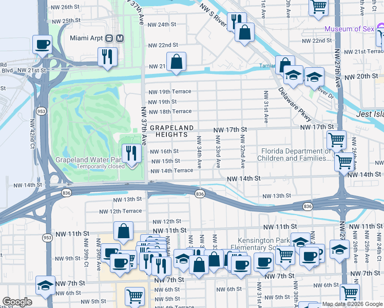 map of restaurants, bars, coffee shops, grocery stores, and more near 3400 Northwest 15th Street in Miami