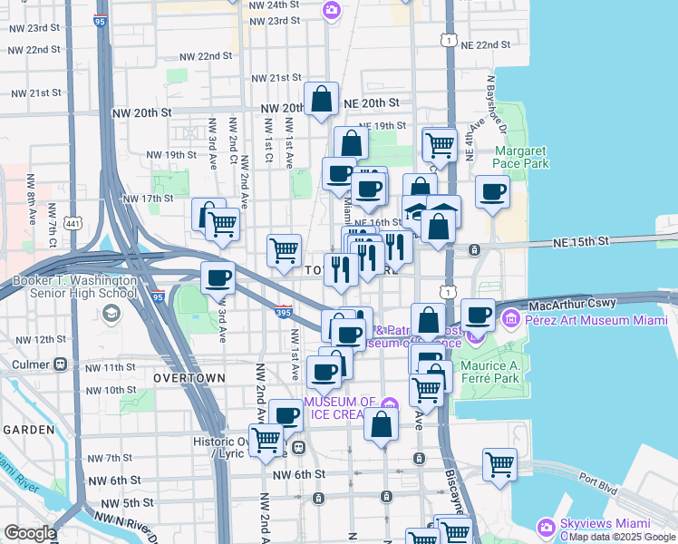 map of restaurants, bars, coffee shops, grocery stores, and more near 1401 North Miami Avenue in Miami