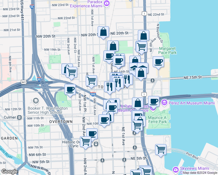 map of restaurants, bars, coffee shops, grocery stores, and more near 1401 North Miami Avenue in Miami