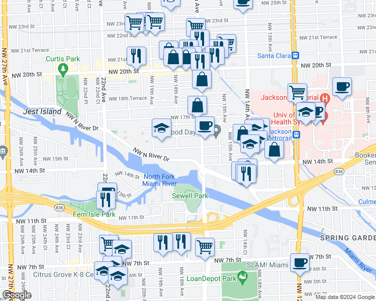 map of restaurants, bars, coffee shops, grocery stores, and more near 1762 Northwest 15th Street in Miami