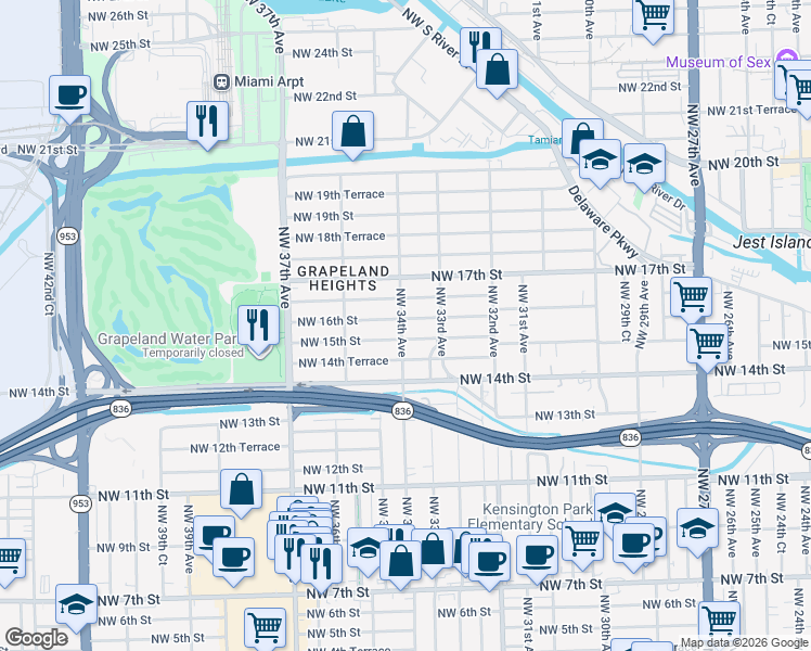 map of restaurants, bars, coffee shops, grocery stores, and more near 3400 Northwest 15th Street in Miami