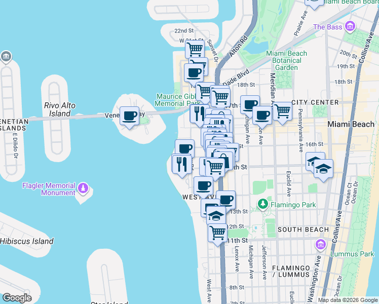 map of restaurants, bars, coffee shops, grocery stores, and more near 1504 Bay Road in Miami Beach