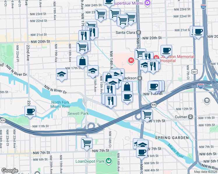 map of restaurants, bars, coffee shops, grocery stores, and more near 1444 Northwest 14th Avenue in Miami