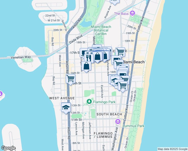 map of restaurants, bars, coffee shops, grocery stores, and more near 1560 Meridian Avenue in Miami Beach