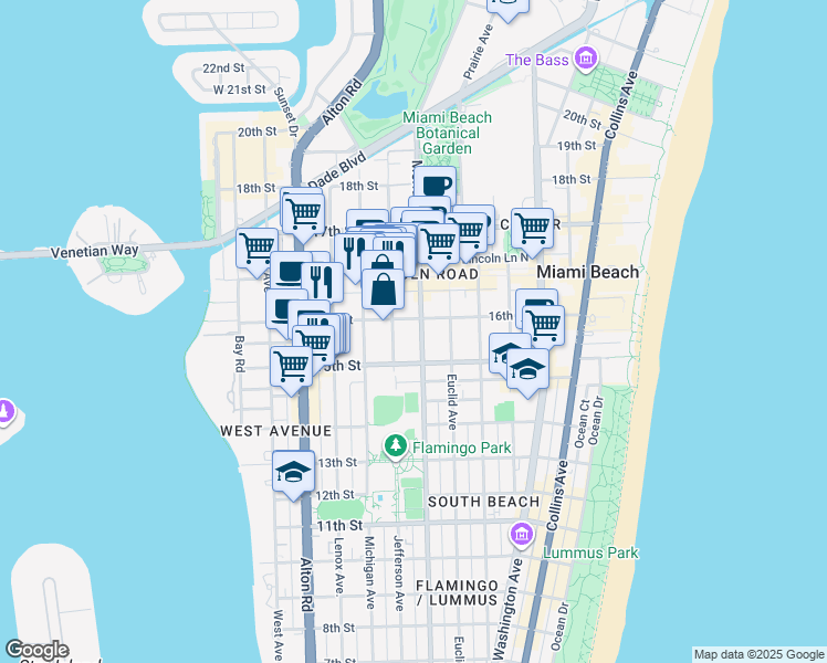 map of restaurants, bars, coffee shops, grocery stores, and more near 1529 Jefferson Avenue in Miami Beach