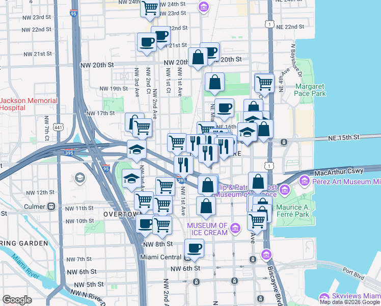 map of restaurants, bars, coffee shops, grocery stores, and more near 79 Northwest 14th Street in Miami