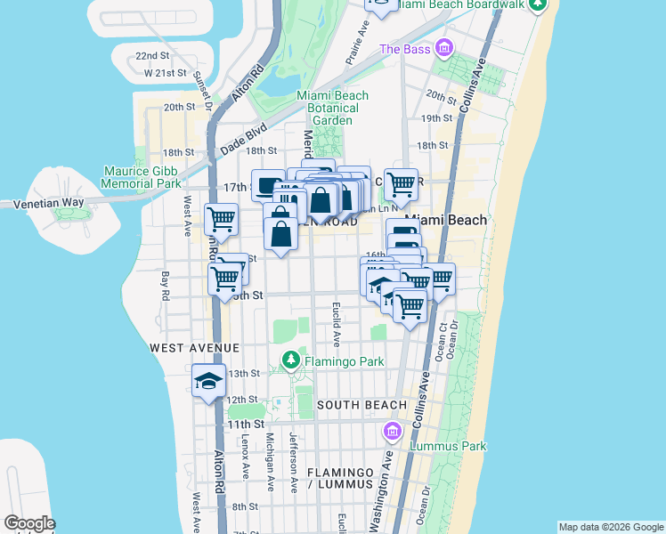 map of restaurants, bars, coffee shops, grocery stores, and more near 1525 Meridian Avenue in Miami Beach