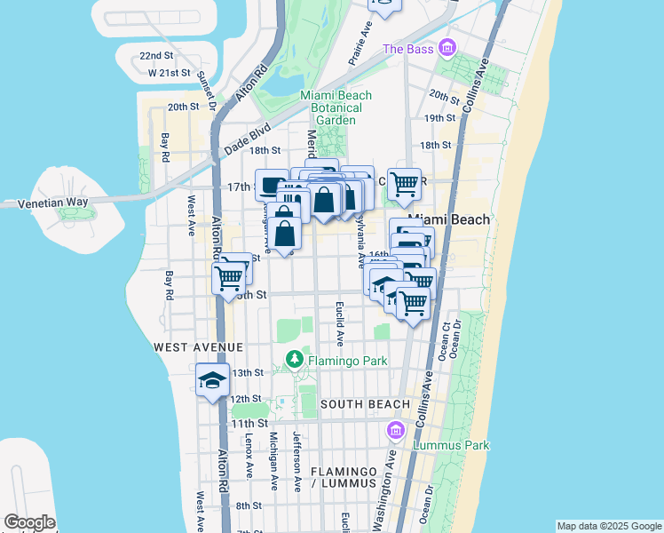 map of restaurants, bars, coffee shops, grocery stores, and more near 1525 Meridian Avenue in Miami Beach