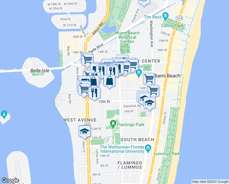 map of restaurants, bars, coffee shops, grocery stores, and more near 1529 Jefferson Avenue in Miami Beach