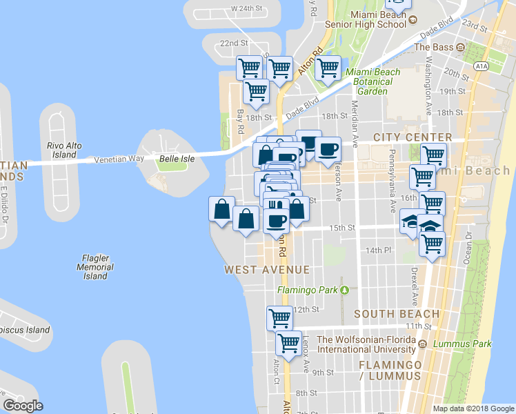 map of restaurants, bars, coffee shops, grocery stores, and more near 1535 West Avenue in Miami Beach