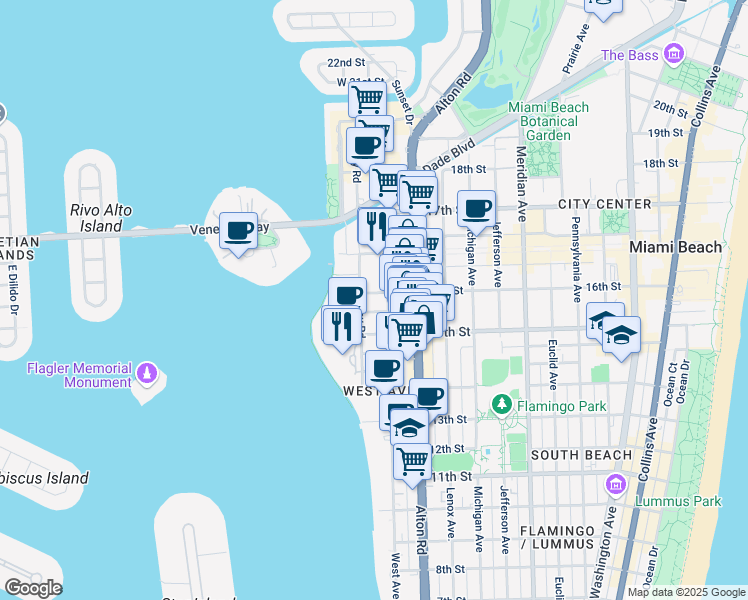 map of restaurants, bars, coffee shops, grocery stores, and more near 1545 Bay Road in Miami Beach
