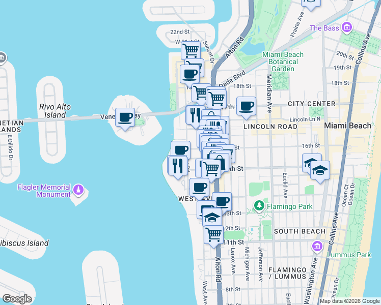 map of restaurants, bars, coffee shops, grocery stores, and more near 1545 Bay Road in Miami Beach
