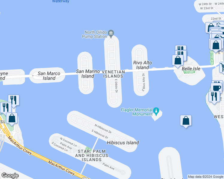 map of restaurants, bars, coffee shops, grocery stores, and more near 120 East Dilido Drive in Miami Beach