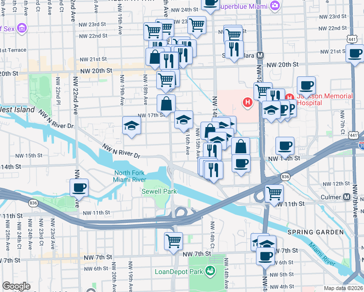 map of restaurants, bars, coffee shops, grocery stores, and more near 1421 Northwest 16th Avenue in Miami