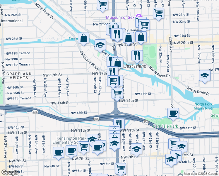 map of restaurants, bars, coffee shops, grocery stores, and more near 2795 Northwest 15th Street in Miami