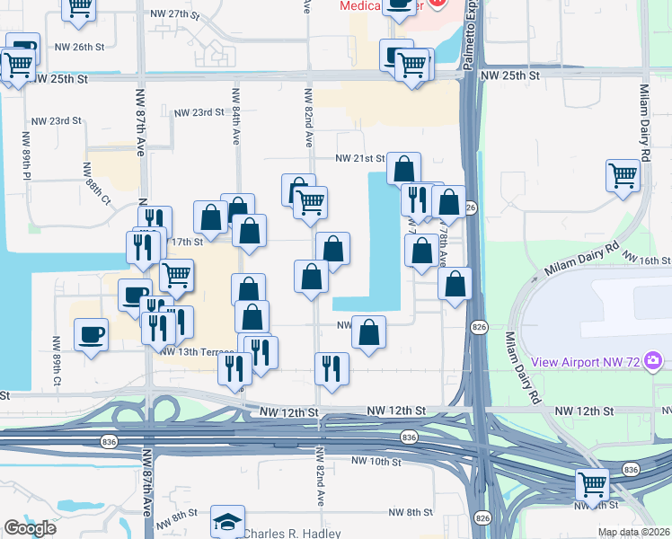 map of restaurants, bars, coffee shops, grocery stores, and more near 1435 Northwest 82nd Avenue in Doral