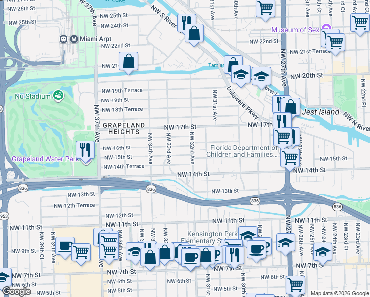 map of restaurants, bars, coffee shops, grocery stores, and more near 3220 Northwest 15th Street in Miami