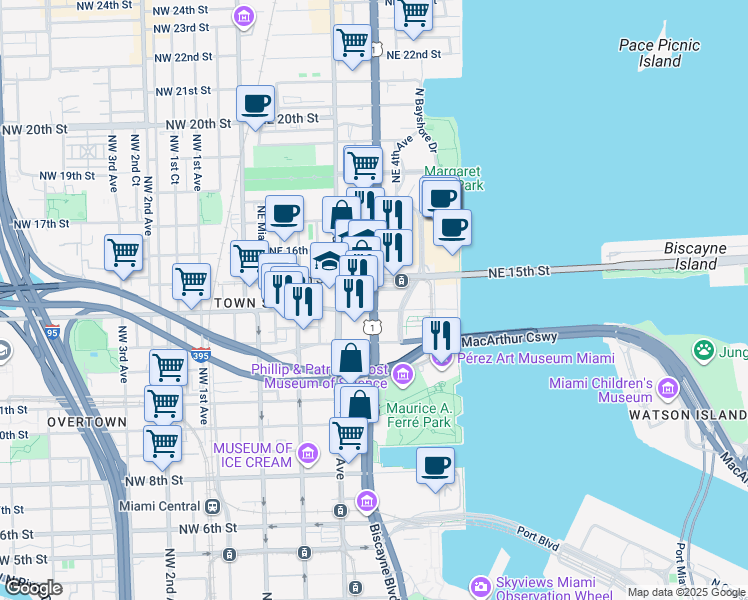 map of restaurants, bars, coffee shops, grocery stores, and more near 1351 Biscayne Boulevard in Miami
