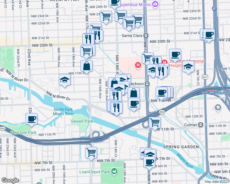 map of restaurants, bars, coffee shops, grocery stores, and more near 1444 Northwest 14th Avenue in Miami