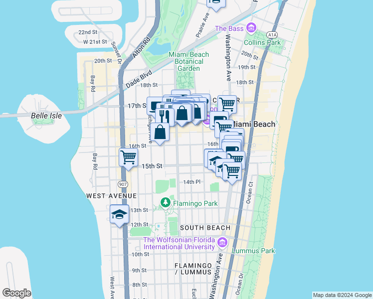 map of restaurants, bars, coffee shops, grocery stores, and more near 1525 Meridian Avenue in Miami Beach