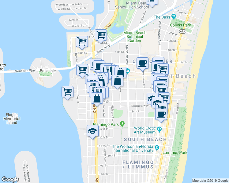 map of restaurants, bars, coffee shops, grocery stores, and more near 1526 Michigan Avenue in Miami Beach