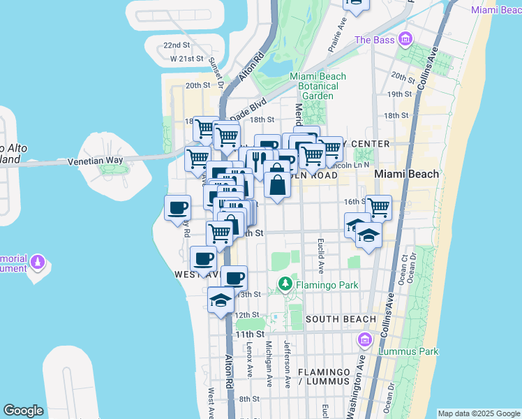map of restaurants, bars, coffee shops, grocery stores, and more near 1526 Michigan Avenue in Miami Beach